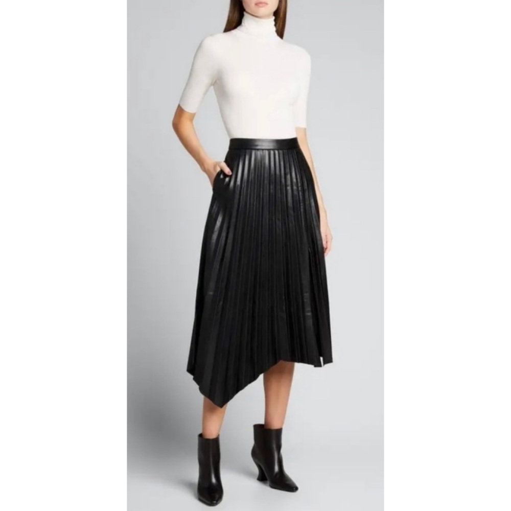 JONATHAN SIMKHAI • Black Vegan Leather Jayla Pleated Asymmetrical Midi Skirt, 2